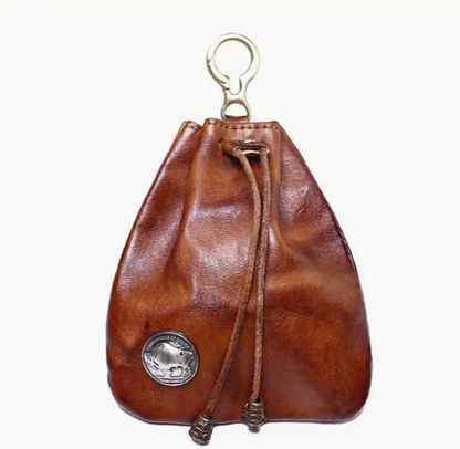Leather Drawstring Pouch with Metal Clip