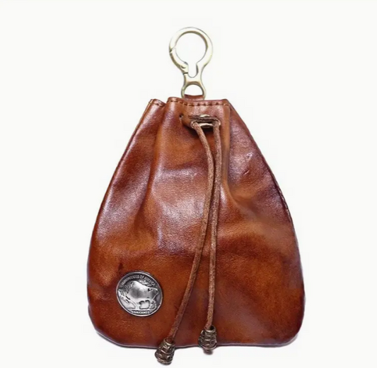Leather Drawstring Pouch with Metal Clip