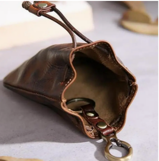 Leather Drawstring Pouch with Metal Clip