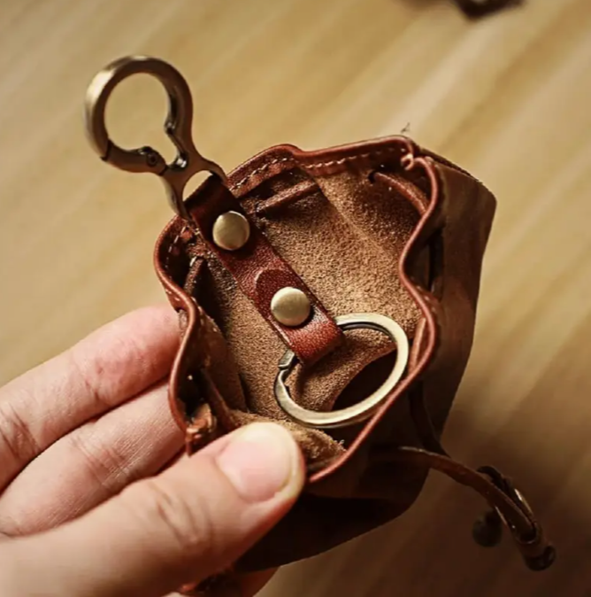 Leather Drawstring Pouch with Metal Clip