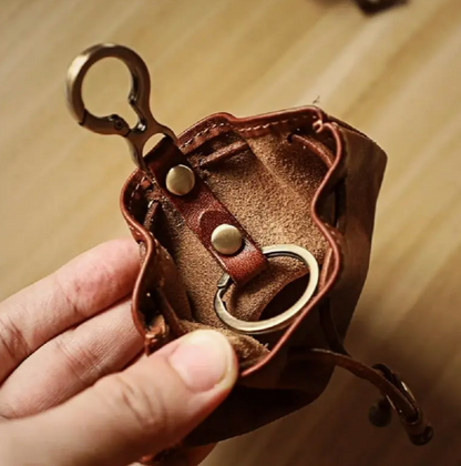 Leather Drawstring Pouch with Metal Clip